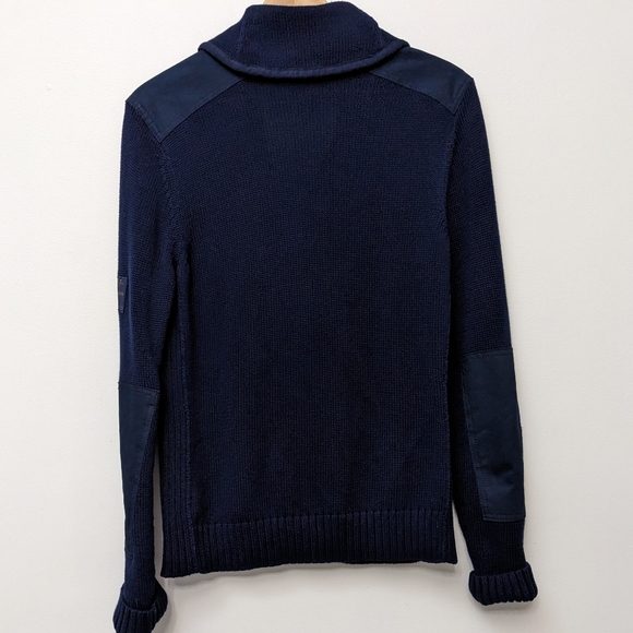 Lauren Ralph Lauren Navy Shawl Collar Elbow Shoulder Patch Gold Button Cardigan - Picture 3 of 13